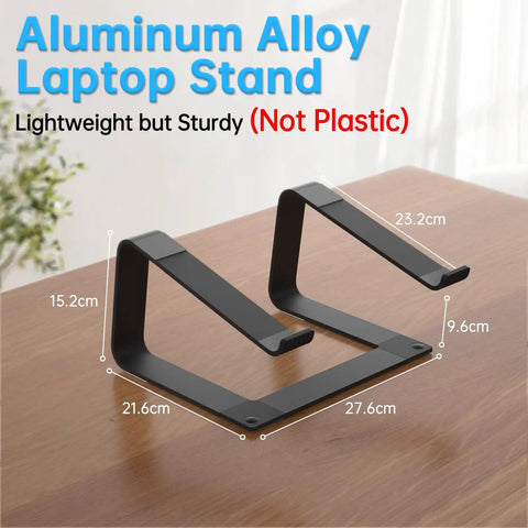Aluminum alloy laptop stand on a desk, measuring 27.6cm x 21.6cm, titled 'Built To Last Durable Metal Laptop Stand For Desk 10 To 16 Inch Laptops Portable Riser With Adjustable Height Notebook Holder For MacBook Air Pro Dell HP Lenovo And More Black Desk Accessory,' ideal for 10-16 inch laptops.