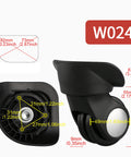 Side and front view of black plastic luggage wheel caster with 360° swivel, three-hole mount, 87mm tall and 49mm wheel.