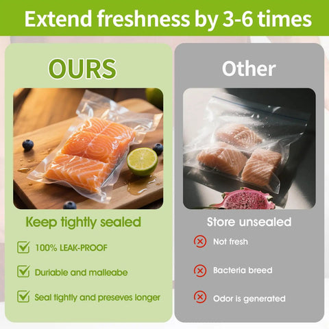 Comparison of vacuum-sealed salmon in 3 Rolls Vacuum Sealer Bags Compatible With Anova And Foodsaver, BPA-free, versus unsealed.