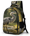 Forest Pond Grey Heron Print Unisex Backpack With Large Capacity For Daily Commute And School, shown from front angle