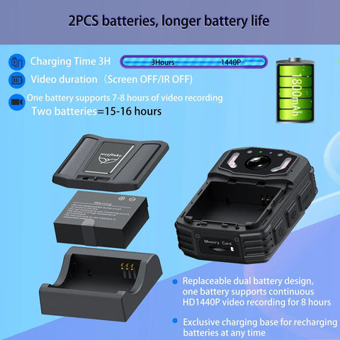 2K Body Camera With Dual Batteries And Charging Dock Delivering 1440P Legit Crisp Video With Night Vision And 14 Hour All Day Runtime Plus 64GB Memory Card For Patrol Security And Daily Carry, showcasing dock and batteries.