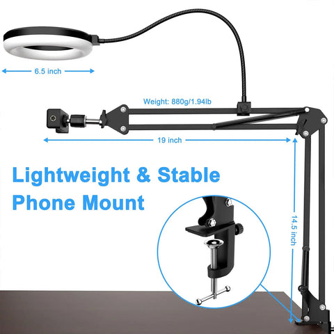 Overhead Camera Mount With Ring Light 6 Inch Reach Adjustable Articulating Arm for stable phone mount on desk