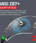 Close-up of ANSI Z87 certified anti fog safety glasses for men and women with scratch resistant wraparound lenses.
