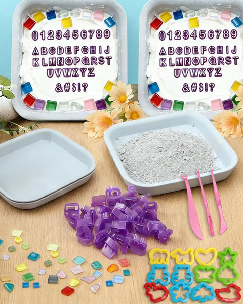 12 Piece Stepping Stone Molds Kit for Concrete Pavers Squares 4 Size Set, mosaic tiles, letter stamps, and carving tools