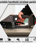 Powerhouse Handheld Electric Strapping Machine Pp Pet Straps Battery Powered Tensioner Cutter Sealer No Buckle Hassle, close-up view of handheld tool in use.