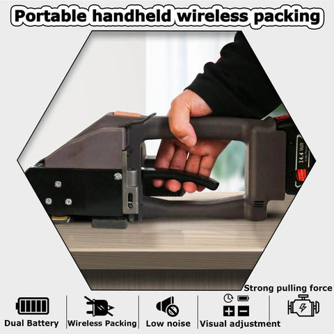 Portable Electric Strapping Machine Handheld Banding Tool For PP PET Strap With Automatic Tensioner And Auto Cutter Featuring Dual Rechargeable Batteries used in operation.