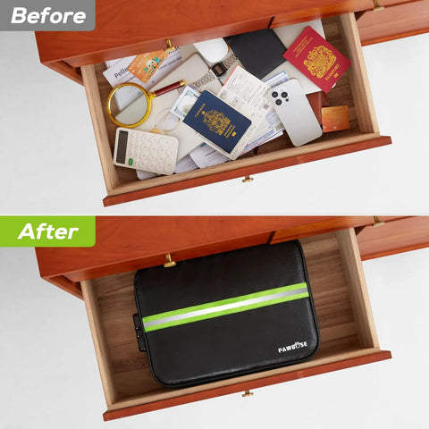 Drawer organization before and after using Fireproof Document Bag With Lock Upgrade For Home And Travel Water Resistant Heat Insulated Safe Box