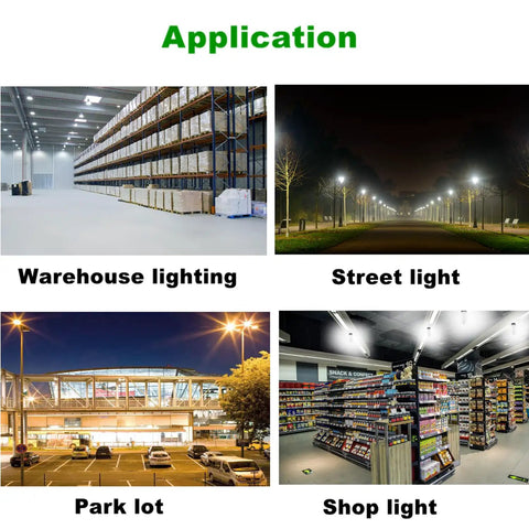 Applications of Four Pack 3-Way LED Light Bulbs For A19 E26 Base shown in warehouse, street, park lot, and shop environments