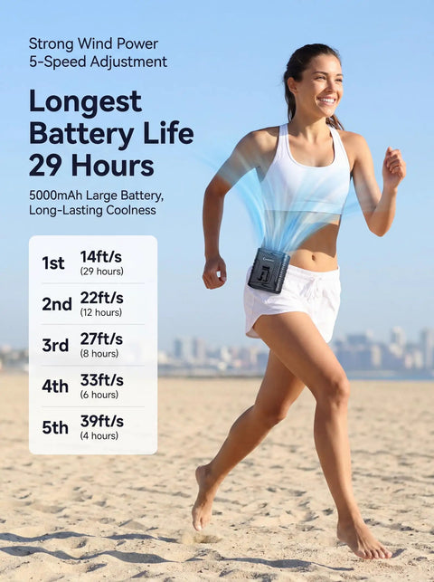 Woman running on beach wearing Waist Clip Fan Portable Personal Fan With 5000mAh Rechargeable Battery