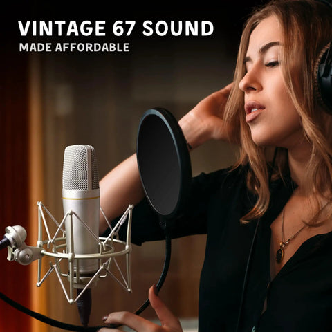 Studio Condenser Mic With 34mm Gold Diaphragm, Hydro Pop Filter, Metal Shock Mount for recording vocals in a studio setting