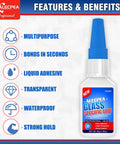 A 30g bottle of crystal clear glass glue with features like multipurpose, bonds in seconds, waterproof, strong hold.