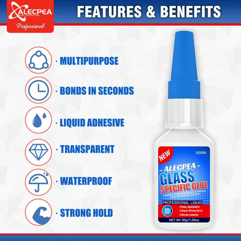 A 30g bottle of crystal clear glass glue with features like multipurpose, bonds in seconds, waterproof, strong hold.