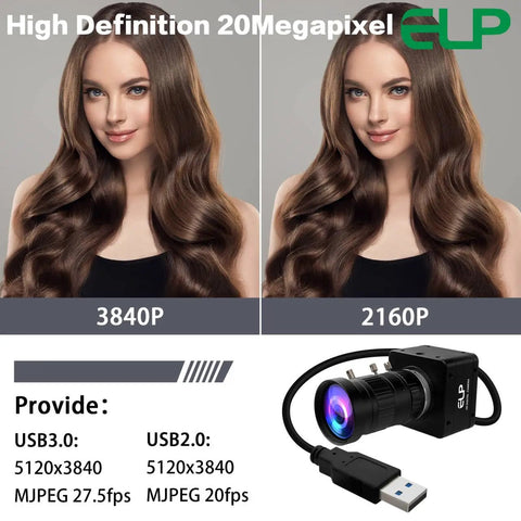 Ultra HD 20MP Varifocal USB 3.0 Camera For PC And Raspberry Pi illustration showing image resolution differences in 3840P and 2160P