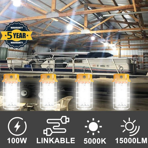 Beefed Up 100W LED Work Light With 15,000 Lumens, Replaces 400W HID HPS, 14.76 Ft Power Cord With US Plug, 5000K Cool White, Linkable Hanging Lights With Outlet And Hook For Indoor And Outdoor Use