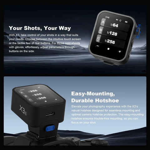 X3C TTL Wireless Flash Trigger For Canon with OLED touchscreen and easy-mount hotshoe shown in two angles on camera.