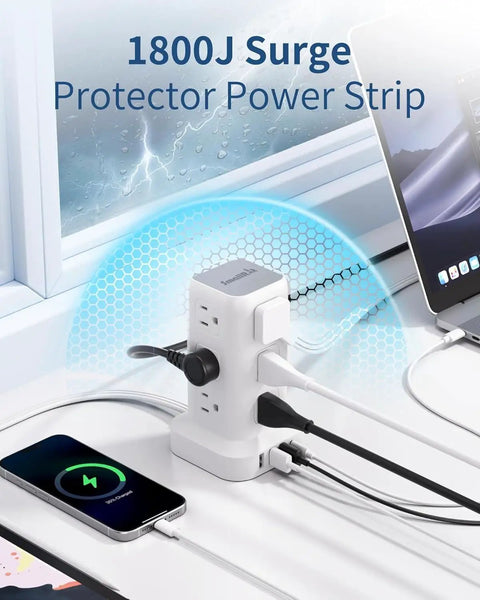 Dope 16 In 1 Tower Power Strip With USB C And USB A Ports, 12 AC Outlets, Flat Plug Surge Protector Extension Cord in use