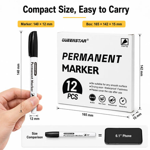 Black Permanent Markers 12 Pack Quick Dry Waterproof Ink For Office School Warehouse And Any Surface Like Plastic Metal Wood Glass Tiles And Fabric Stays Put Smudge Resistant Bold Marks Last Through Water Fading And Everyday Wear, size comparison with box and marker