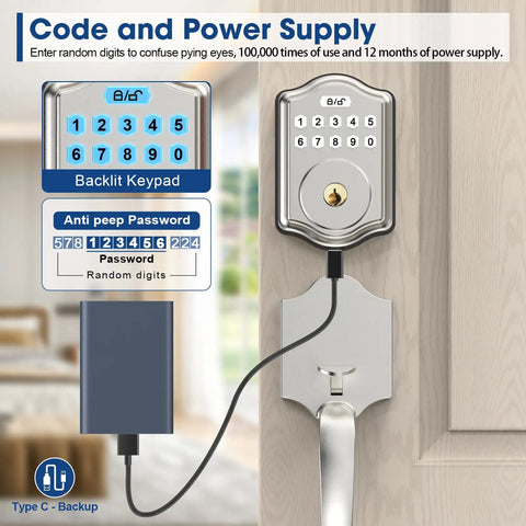 Smart Keyless Door Lock With One Click Unlock Fingerprint Access In Under A Second Virtual Cipher Keyboard Auto Lock Waterproof No Fuss Install Stores Up To 20 Passwords Includes 2 Keys Electronic Deadbolt For Secure Home Entry showing backlit keypad and power supply