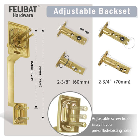 Brass Satin Front Door Lock Set With Single Cylinder Deadbolt And Door Lever, showing adjustable backset and installation details.
