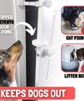 Adjustable Cat Door Latch and Stopper for Interior Hinged Doors shown on white door, preventing dog access to litter box and food.