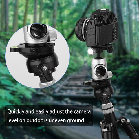 Precision Tripod Leveling Base Plate Half Ball Leveler with 360 Rotation and 15 Tilt mounted with DSLR, supports up to 22 lbs