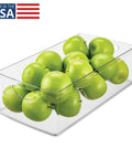 No Sweat Big League Heavy Duty Clear Stackable Extra Long Plastic Storage Bin For Nifty Pantry Setup and Smooth Cabinet Shelving, holding green apples.