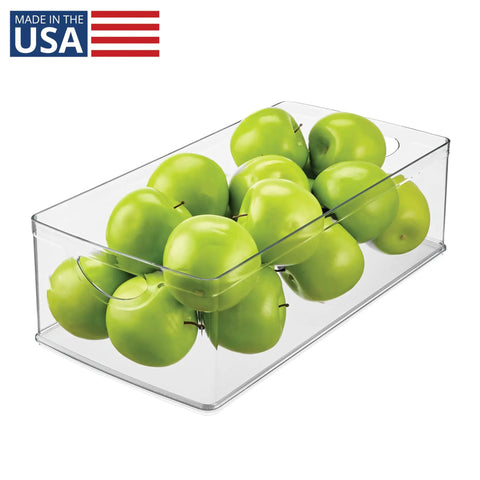No Sweat Big League Heavy Duty Clear Stackable Extra Long Plastic Storage Bin For Nifty Pantry Setup and Smooth Cabinet Shelving, holding green apples.