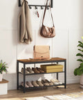 Industrial Three Tier Shoe Bench Organizer With Mesh Shelves In Rustic Brown Finish 29.5 Inches Entryway Storage Seat for shoes and bags.