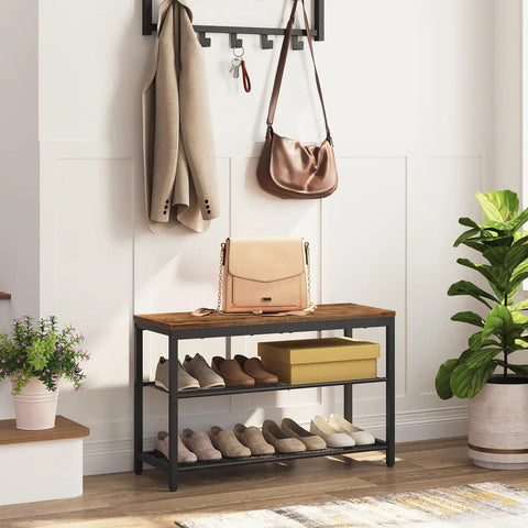 Industrial Three Tier Shoe Bench Organizer With Mesh Shelves In Rustic Brown Finish 29.5 Inches Entryway Storage Seat for shoes and bags.