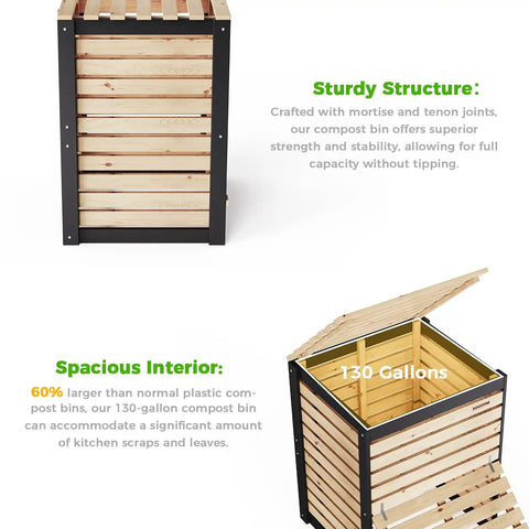 Front and open view of 130 Gallon Solid Wood Compost Bin With Pull Out Door For Backyard Garden And Patio, aerated slat design