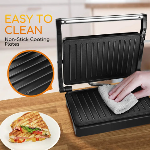 Aigostar 1000w Panini Press Sandwich Maker Non Stick Plates Quick Heat Even Cooking Crispy Grilling Appliance For Home Kitchen Party, easy to clean plates.