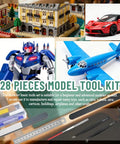 Collage of models and tools in 28 Piece Model Tools Kit For Hobby Builders, Essential DIY Craft Set For Cars, Airplanes, Buildings, Robots and Gundam