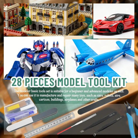 Collage of models and tools in 28 Piece Model Tools Kit For Hobby Builders, Essential DIY Craft Set For Cars, Airplanes, Buildings, Robots and Gundam