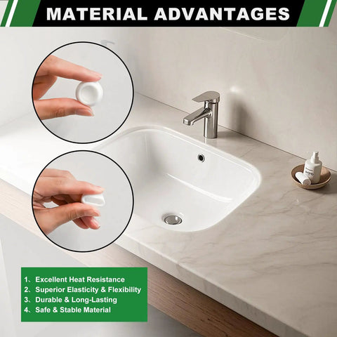Japtend 75Pc Assortment Kit Features Eight Different Sizes Of White Silicone Rubber Plugs For Round Hole Gaps And Pipes In Kitchens, Bathrooms, Furniture Projects And Home Repairs To Seal Openings Fast. White silicone sink hole plug shown in bathroom sink, hand-held close-up