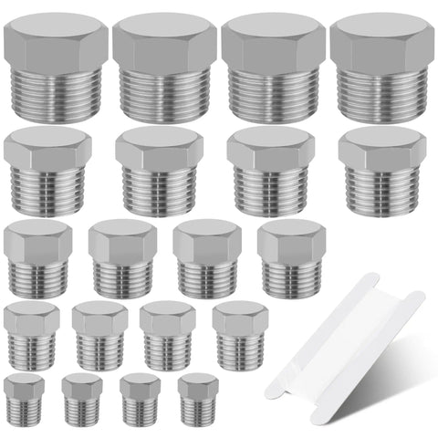 20 Pcs 304 Stainless Steel Hex Pipe Plug Fittings Kit With 1/8 In, 1/4 In, 3/8 In, 1/2 In, 3/4 In NPT Male Threaded Plugs, Hex Head