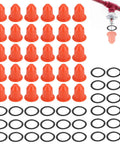 30 pack of Kickass Magnetic Fire Sprinkler Covers in orange, reusable guards and black O-rings for ceiling head protection.