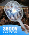 3800V Handheld Bug Zapper Racket With Type-C Rechargeable Battery, electric insect swatter shown in use, outdoor setting