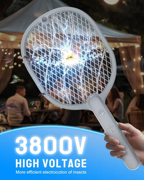 3800V Handheld Bug Zapper Racket With Type-C Rechargeable Battery, electric insect swatter shown in use, outdoor setting