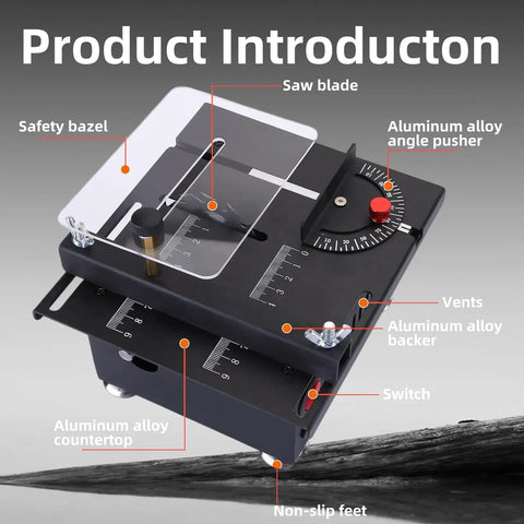 Compact Table Saw With 100W Power, Handy Portable DIY Cutter With Adjustable Speed And Angle, safety features highlighted