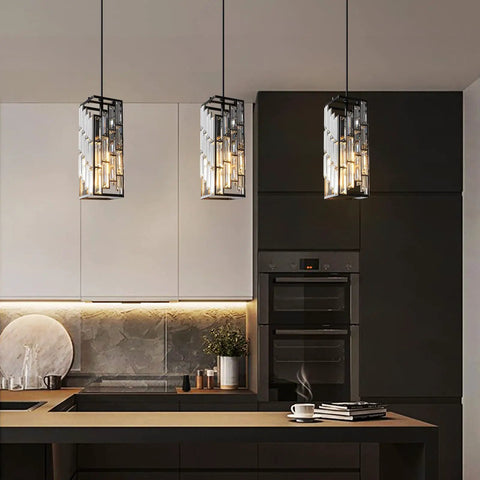 Sleek Black Pendant Lighting Set in kitchen, modern mini crystal chandeliers, adjustable height, elegant sparkle, 2-pack view