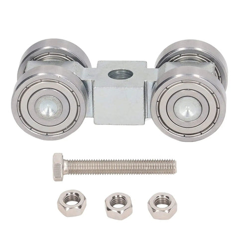 Heavy Duty Four Wheel Steel Pulley Assembly Featuring Deep Groove Ball Bearings For Smooth Rock Solid V Belt Drive and Strut Channel Gear, showing roller frame and hardware.
