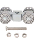 Heavy Duty Four Wheel Steel Pulley Assembly Featuring Deep Groove Ball Bearings For Smooth Rock Solid V Belt Drive And Strut Channel Gear That Kicks Ass And Never Craps Out with bearing and bolts.