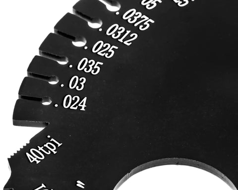 Wen ME210G thread pitch gauge, black metal with white markings, close-up view