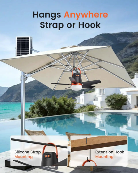 20 Inch Portable Ceiling Fan With Solar Charging And 20000 Mah Battery Includes Wireless Remote mounted on a patio umbrella.