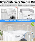 Comparison of magnetic laundry guard types shown on a front-loading washer, focusing on metal guard durability and stability.