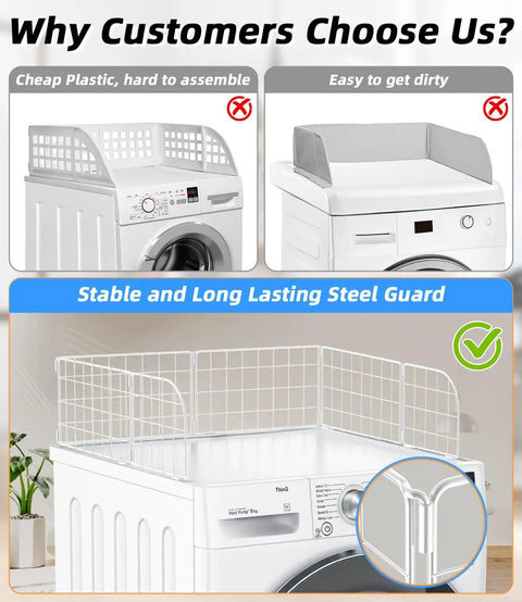 Comparison of magnetic laundry guard types shown on a front-loading washer, focusing on metal guard durability and stability.