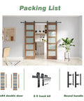 Double 24 By 84 Inch Glass Barn Doors With 48 Inch Width Eight Foot Hardware Kit And Handle Included Five Panel Frosted Glass LVL Wood Panel Waterproof PVC Surface Pre Drilled Holes Easy Assembly shown installed in modern interior