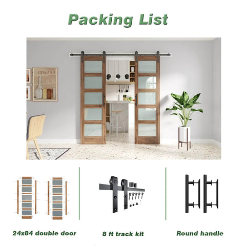 Double 24 By 84 Inch Glass Barn Doors With 48 Inch Width Eight Foot Hardware Kit And Handle Included Five Panel Frosted Glass LVL Wood Panel Waterproof PVC Surface Pre Drilled Holes Easy Assembly shown installed in modern interior