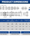 Technical diagram showing dimensions for 41 Roller Chain with details like pitch, roller diameter, and tensile strength, ANSI #41 standard.