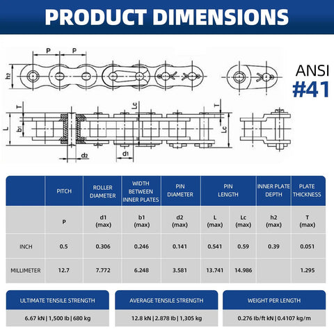 Technical diagram showing dimensions for 41 Roller Chain with details like pitch, roller diameter, and tensile strength, ANSI #41 standard.